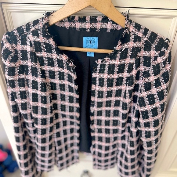 NWT-CeCe Black and Pink Long Sleeve Grid Tweed Frayed Blazer/Jacket Size‎ 6 - Picture 3 of 10